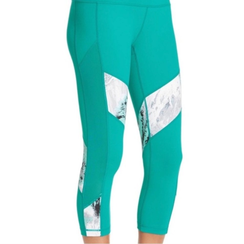 Zella “Mudra” Print Block Leggings in Teal Compass